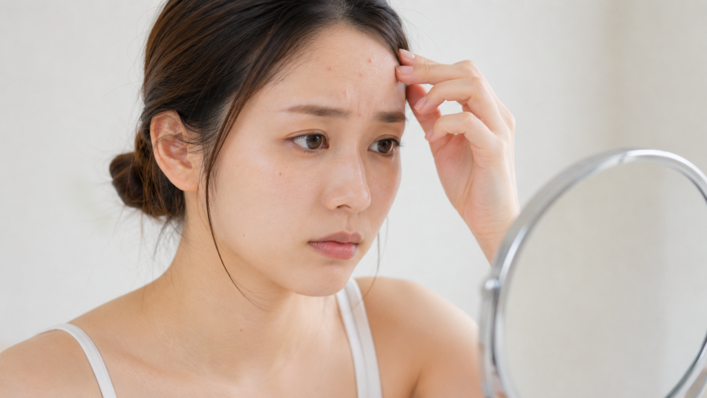 おでこのニキビを気にしている女性